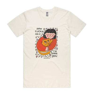 How Lucky Am I Tee by Lonely Kids Club. All clothing from our T-shirts to our shorts and hoodies are ethically made, and printed packed and shipped from Sydney.