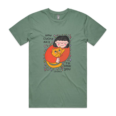 How Lucky Am I Tee by Lonely Kids Club. All clothing from our T-shirts to our shorts and hoodies are ethically made, and printed packed and shipped from Sydney.
