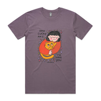 How Lucky Am I Tee by Lonely Kids Club. All clothing from our T-shirts to our shorts and hoodies are ethically made, and printed packed and shipped from Sydney.