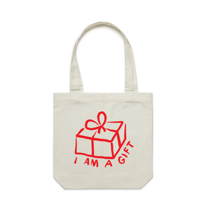 I Am A Gift Tote by Lonely Kids Club. All clothing from our T-shirts to our shorts and hoodies are ethically made, and printed packed and shipped from Sydney.