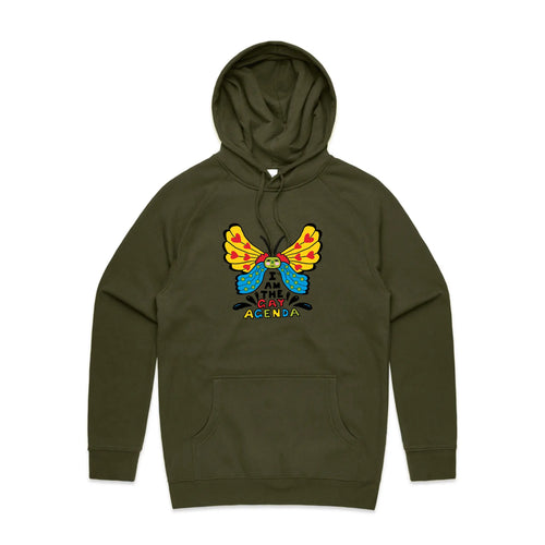 I Am The Gay Agenda Hoodie by Lonely Kids Club. All clothing from our T-shirts to our shorts and hoodies are ethically made, and printed packed and shipped from Sydney.
