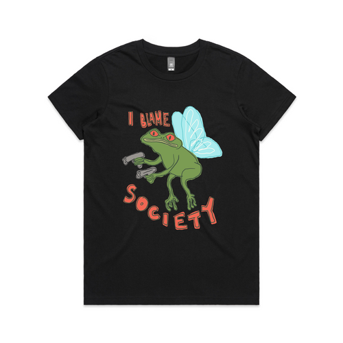 I Blame Society Tee by Lonely Kids Club. All clothing from our T-shirts to our shorts and hoodies are ethically made, and printed packed and shipped from Sydney.