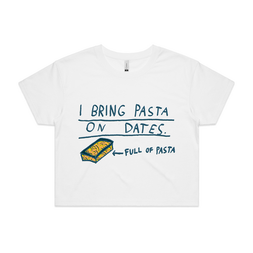 I Bring Pasta Tee by Lonely Kids Club. All clothing from our T-shirts to our shorts and hoodies are ethically made, and printed packed and shipped from Sydney.