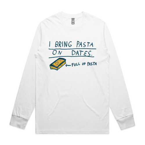 I Bring Pasta Tee by Lonely Kids Club. All clothing from our T-shirts to our shorts and hoodies are ethically made, and printed packed and shipped from Sydney.