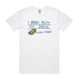 I Bring Pasta Tee by Lonely Kids Club. All clothing from our T-shirts to our shorts and hoodies are ethically made, and printed packed and shipped from Sydney.