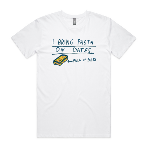 I Bring Pasta Tee by Lonely Kids Club. All clothing from our T-shirts to our shorts and hoodies are ethically made, and printed packed and shipped from Sydney.
