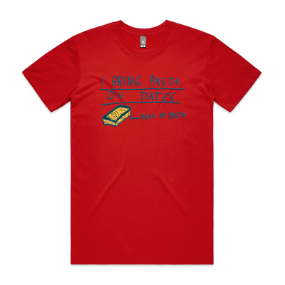 I Bring Pasta Tee by Lonely Kids Club. All clothing from our T-shirts to our shorts and hoodies are ethically made, and printed packed and shipped from Sydney.