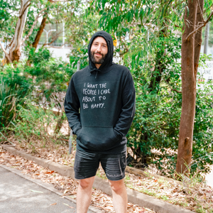 I Care Hoodie by Lonely Kids Club. All clothing from our T-shirts to our shorts and hoodies are ethically made, and printed packed and shipped from Sydney.