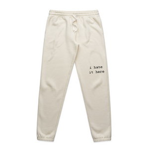 I Hate It Here Track Pants by Lonely Kids Club. All clothing from our T-shirts to our shorts and hoodies are ethically made, and printed packed and shipped from Sydney.