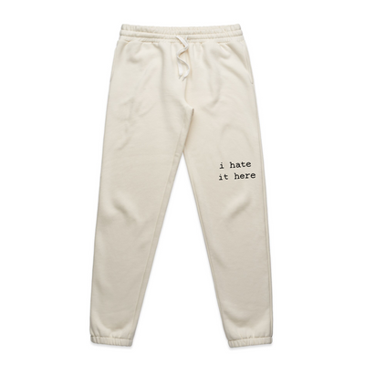 I Hate It Here Track Pants by Lonely Kids Club. All clothing from our T-shirts to our shorts and hoodies are ethically made, and printed packed and shipped from Sydney.