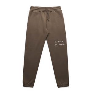 I Hate It Here Track Pants by Lonely Kids Club. All clothing from our T-shirts to our shorts and hoodies are ethically made, and printed packed and shipped from Sydney.