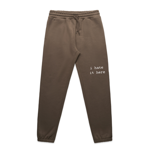 I Hate It Here Track Pants by Lonely Kids Club. All clothing from our T-shirts to our shorts and hoodies are ethically made, and printed packed and shipped from Sydney.