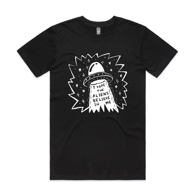 I Hope The Aliens Believe In Me Tee by Lonely Kids Club. All clothing from our T-shirts to our shorts and hoodies are ethically made, and printed packed and shipped from Sydney.