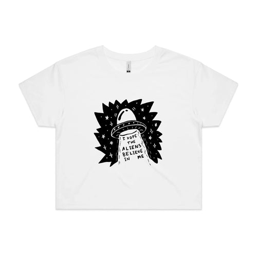 I Hope The Aliens Believe In Me Tee by Lonely Kids Club. All clothing from our T-shirts to our shorts and hoodies are ethically made, and printed packed and shipped from Sydney.