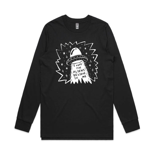 I Hope The Aliens Believe In Me Tee by Lonely Kids Club. All clothing from our T-shirts to our shorts and hoodies are ethically made, and printed packed and shipped from Sydney.