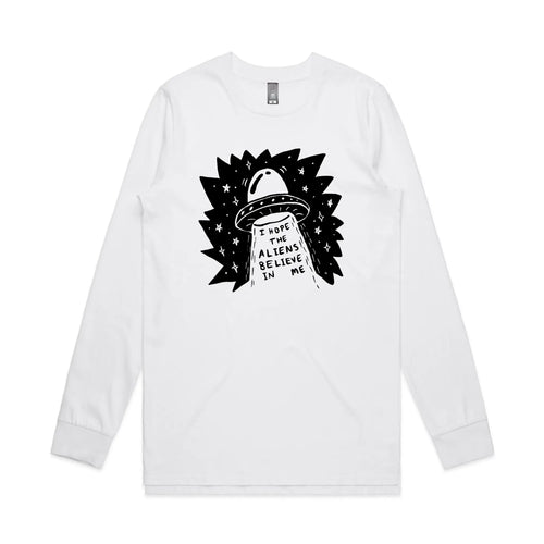 I Hope The Aliens Believe In Me Tee by Lonely Kids Club. All clothing from our T-shirts to our shorts and hoodies are ethically made, and printed packed and shipped from Sydney.