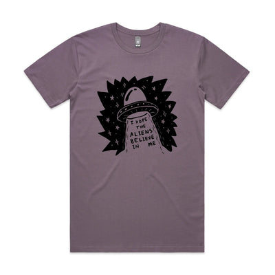 I Hope The Aliens Believe In Me Tee by Lonely Kids Club. All clothing from our T-shirts to our shorts and hoodies are ethically made, and printed packed and shipped from Sydney.