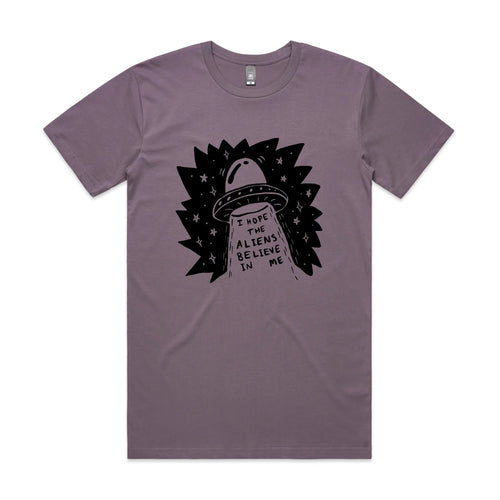 I Hope The Aliens Believe In Me Tee by Lonely Kids Club. All clothing from our T-shirts to our shorts and hoodies are ethically made, and printed packed and shipped from Sydney.