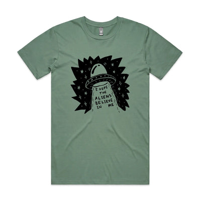I Hope The Aliens Believe In Me Tee by Lonely Kids Club. All clothing from our T-shirts to our shorts and hoodies are ethically made, and printed packed and shipped from Sydney.