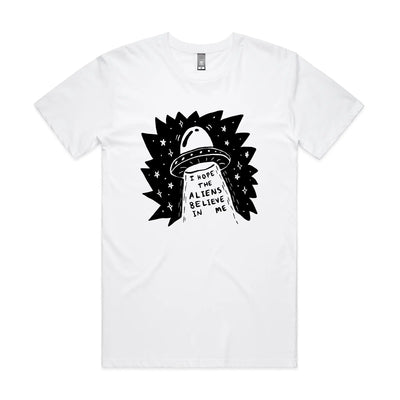 I Hope The Aliens Believe In Me Tee by Lonely Kids Club. All clothing from our T-shirts to our shorts and hoodies are ethically made, and printed packed and shipped from Sydney.