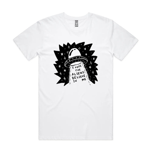 I Hope The Aliens Believe In Me Tee by Lonely Kids Club. All clothing from our T-shirts to our shorts and hoodies are ethically made, and printed packed and shipped from Sydney.