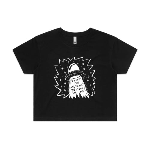 I Hope The Aliens Believe In Me Tee by Lonely Kids Club. All clothing from our T-shirts to our shorts and hoodies are ethically made, and printed packed and shipped from Sydney.