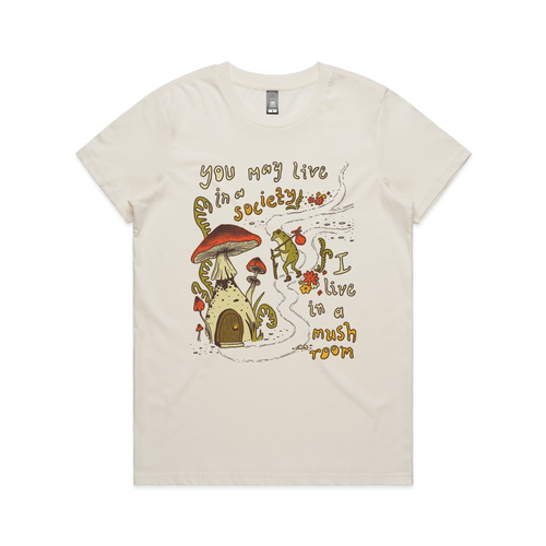 I Live In A Mushroom Tee by Lonely Kids Club. All clothing from our T-shirts to our shorts and hoodies are ethically made, and printed packed and shipped from Sydney.