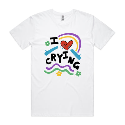 I Love Crying Tee by Lonely Kids Club. All clothing from our T-shirts to our shorts and hoodies are ethically made, and printed packed and shipped from Sydney.