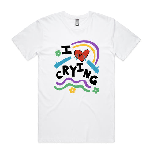 I Love Crying Tee by Lonely Kids Club. All clothing from our T-shirts to our shorts and hoodies are ethically made, and printed packed and shipped from Sydney.