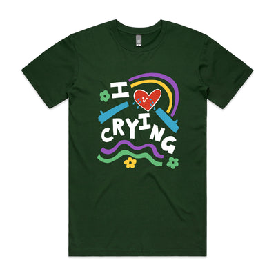 I Love Crying Tee by Lonely Kids Club. All clothing from our T-shirts to our shorts and hoodies are ethically made, and printed packed and shipped from Sydney.