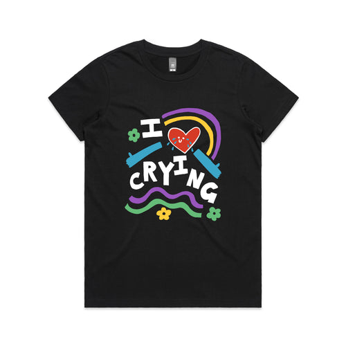 I Love Crying Tee by Lonely Kids Club. All clothing from our T-shirts to our shorts and hoodies are ethically made, and printed packed and shipped from Sydney.