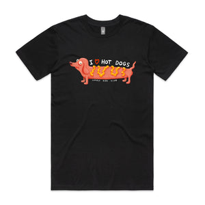 I Love Hot Dogs Tee by Lonely Kids Club. All clothing from our T-shirts to our shorts and hoodies are ethically made, and printed packed and shipped from Sydney.