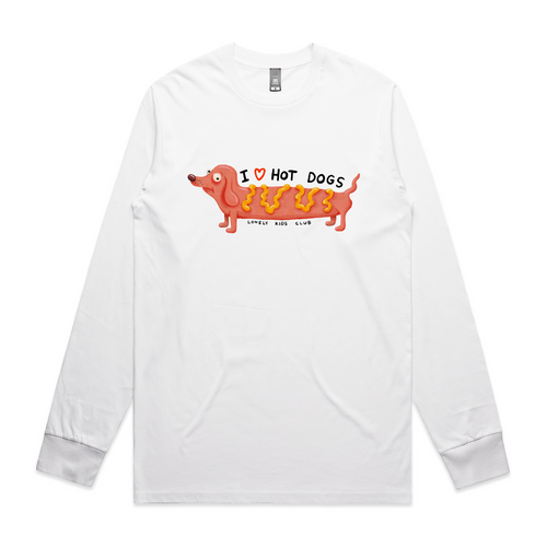 I Love Hot Dogs Tee by Lonely Kids Club. All clothing from our T-shirts to our shorts and hoodies are ethically made, and printed packed and shipped from Sydney.