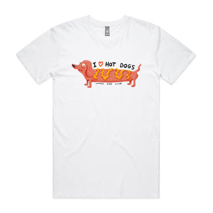 I Love Hot Dogs Tee by Lonely Kids Club. All clothing from our T-shirts to our shorts and hoodies are ethically made, and printed packed and shipped from Sydney.
