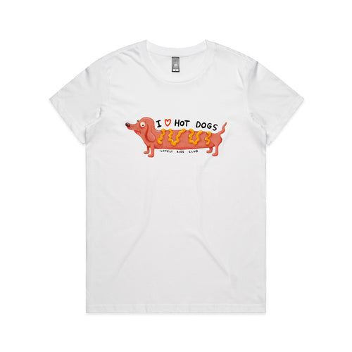 I Love Hot Dogs Tee by Lonely Kids Club. All clothing from our T-shirts to our shorts and hoodies are ethically made, and printed packed and shipped from Sydney.
