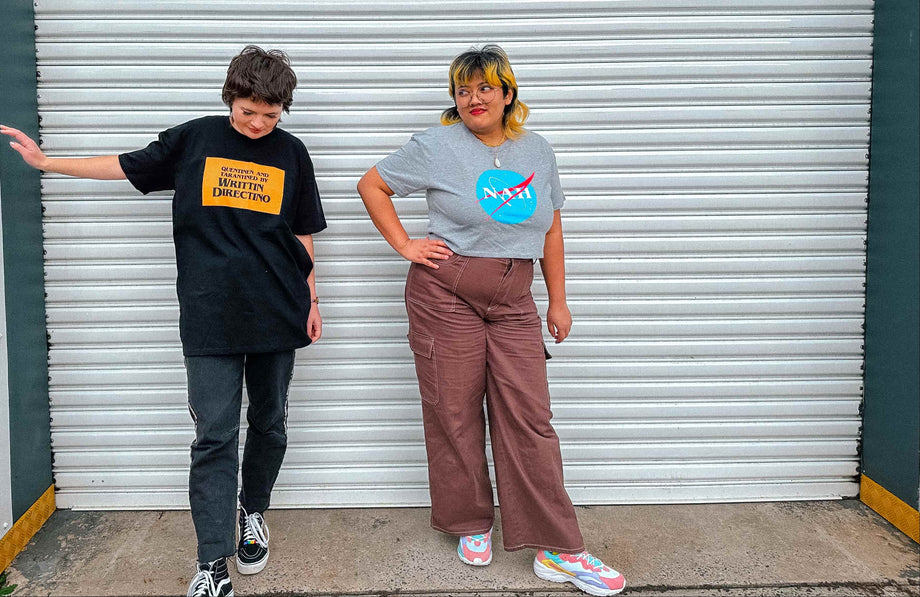 Writtin Directino Tee and Nah Tee by Lonely Kids Club, printed in Sydney