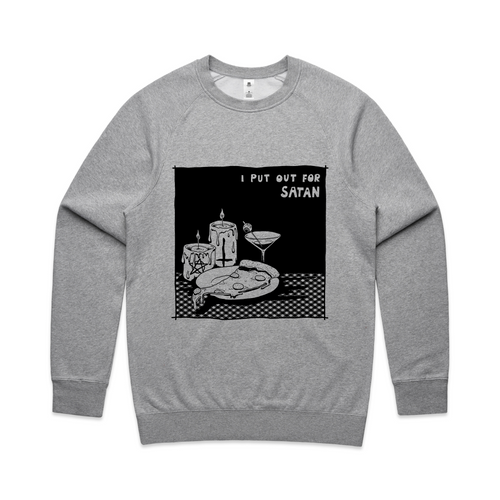 I Put Out For Satan Jumper by Lonely Kids Club. All clothing from our T-shirts to our shorts and hoodies are ethically made, and printed packed and shipped from Sydney.