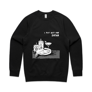 I Put Out For Satan Jumper by Lonely Kids Club. All clothing from our T-shirts to our shorts and hoodies are ethically made, and printed packed and shipped from Sydney.