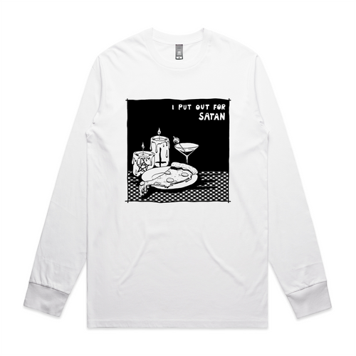 I Put Out For Satan Tee by Lonely Kids Club. All clothing from our T-shirts to our shorts and hoodies are ethically made, and printed packed and shipped from Sydney.