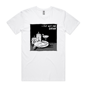 I Put Out For Satan Tee by Lonely Kids Club. All clothing from our T-shirts to our shorts and hoodies are ethically made, and printed packed and shipped from Sydney.
