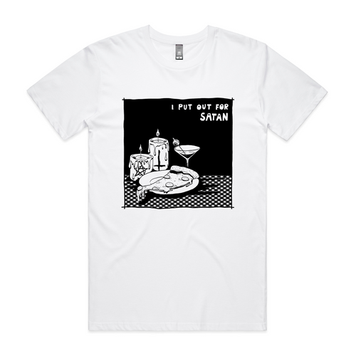 I Put Out For Satan Tee by Lonely Kids Club. All clothing from our T-shirts to our shorts and hoodies are ethically made, and printed packed and shipped from Sydney.