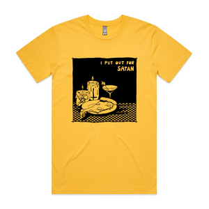 I Put Out For Satan Tee by Lonely Kids Club. All clothing from our T-shirts to our shorts and hoodies are ethically made, and printed packed and shipped from Sydney.