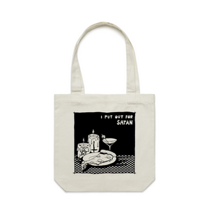 I Put Out For Satan Tote by Lonely Kids Club. All clothing from our T-shirts to our shorts and hoodies are ethically made, and printed packed and shipped from Sydney.