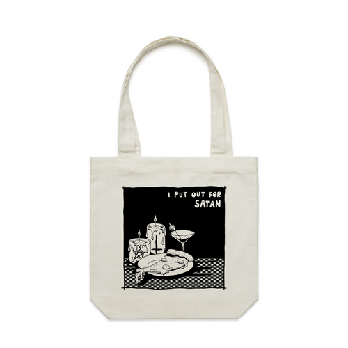 I Put Out For Satan Tote by Lonely Kids Club. All clothing from our T-shirts to our shorts and hoodies are ethically made, and printed packed and shipped from Sydney.