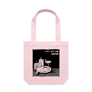 I Put Out For Satan Tote by Lonely Kids Club. All clothing from our T-shirts to our shorts and hoodies are ethically made, and printed packed and shipped from Sydney.