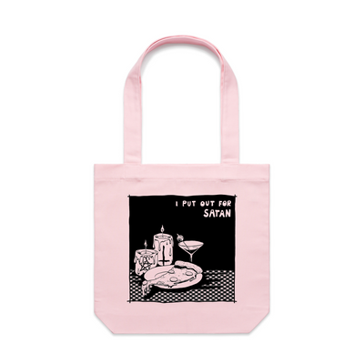 I Put Out For Satan Tote by Lonely Kids Club. All clothing from our T-shirts to our shorts and hoodies are ethically made, and printed packed and shipped from Sydney.