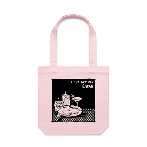 I Put Out For Satan Tote by Lonely Kids Club. All clothing from our T-shirts to our shorts and hoodies are ethically made, and printed packed and shipped from Sydney.