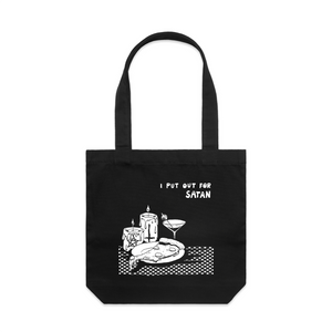 I Put Out For Satan Tote by Lonely Kids Club. All clothing from our T-shirts to our shorts and hoodies are ethically made, and printed packed and shipped from Sydney.