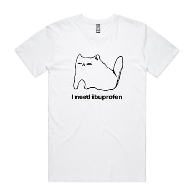 Ibuprofen Cat Tee by Lonely Kids Club. All clothing from our T-shirts to our shorts and hoodies are ethically made, and printed packed and shipped from Sydney.