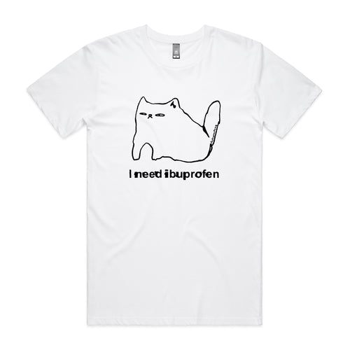 Ibuprofen Cat Tee by Lonely Kids Club. All clothing from our T-shirts to our shorts and hoodies are ethically made, and printed packed and shipped from Sydney.